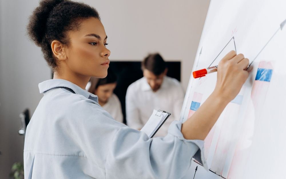 A marketer mapping out a campaign on a whiteboard