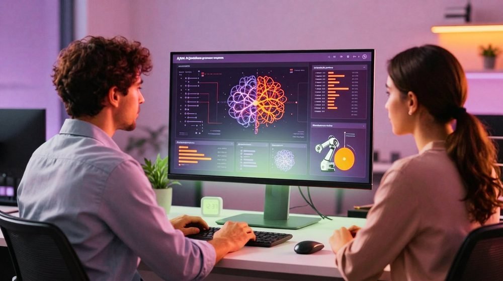 Two colleagues working through an AI dashboard together