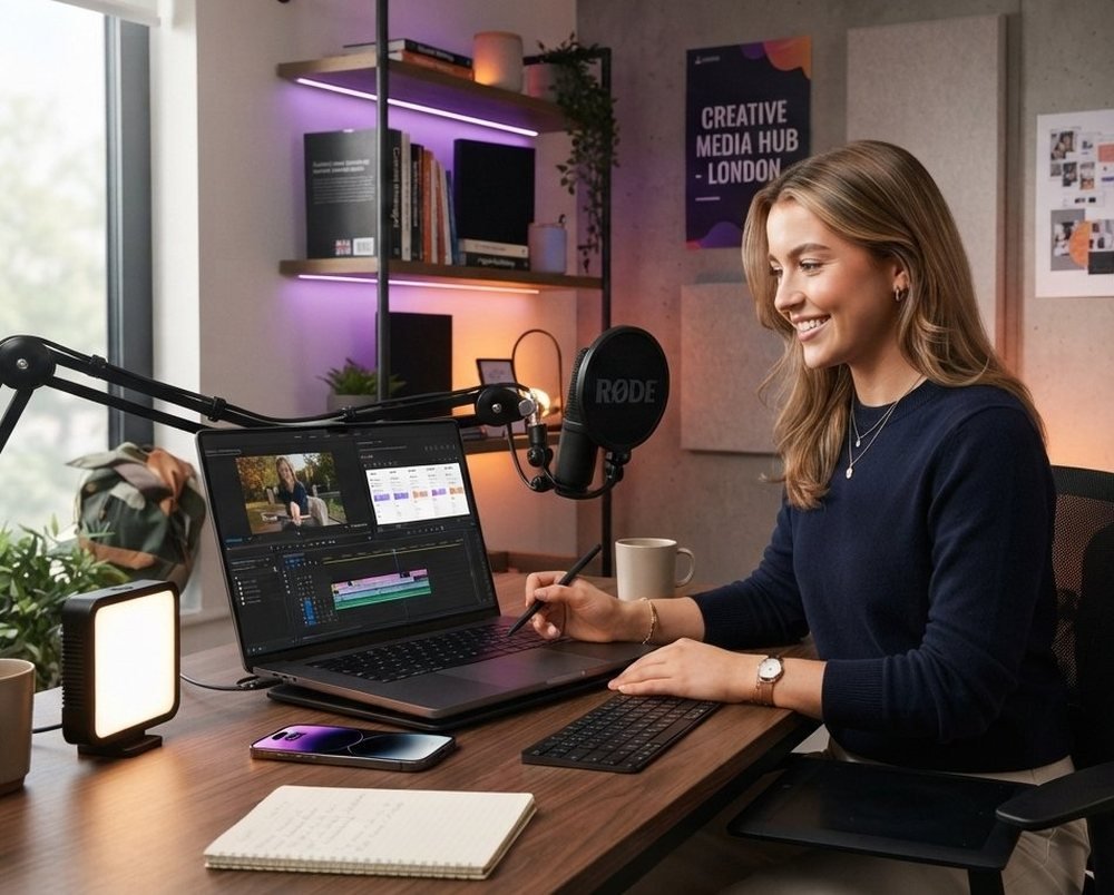 Content creator at an editing desk with camera and microphone