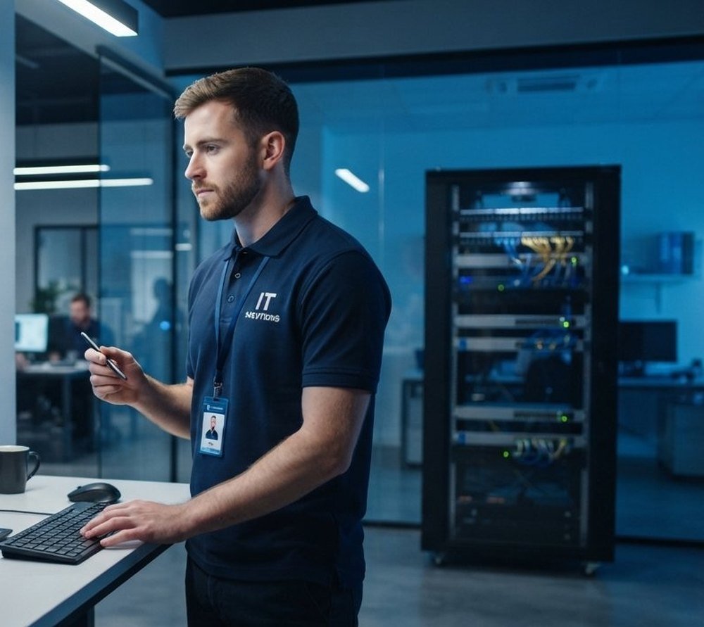 An IT technician working beside a server rack